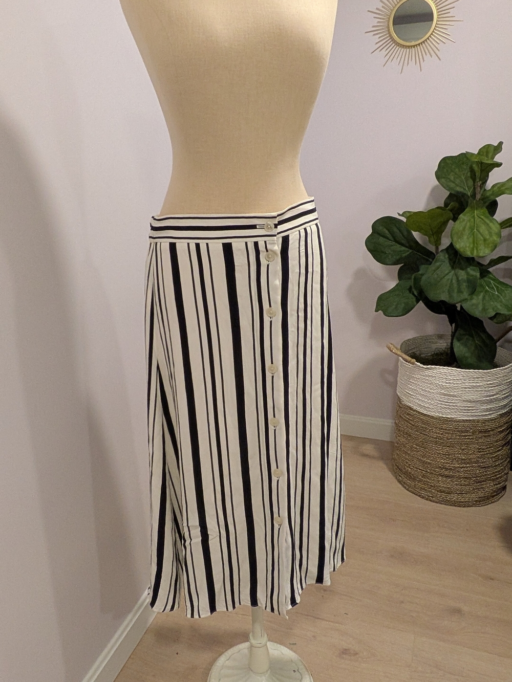 LOFT Black & White Vertical Stripe Midi Skirt